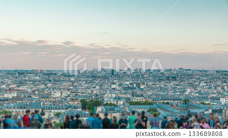 Panorama of Paris aerial timelapse, France. Top view from Montmartre viewpoint. 133689808