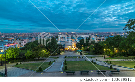 Beautiful Paris cityscape day to night timelapse seen from Montmartre. Paris, France 133689812
