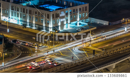 Aerial top view at night timelapse of Dubai Marina and JBR in Dubai, UAE Aerial top view at night timelapse of Dubai Marina and JBR in Dubai, UAE 133689861