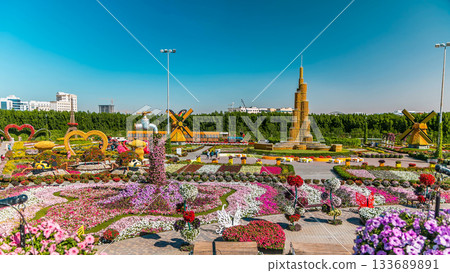 Dubai miracle garden timelapse with over 45 million flowers in a sunny day, United Arab Emirates Dubai miracle garden timelapse with over 45 million flowers in a sunny day, United Arab Emirates 133689891