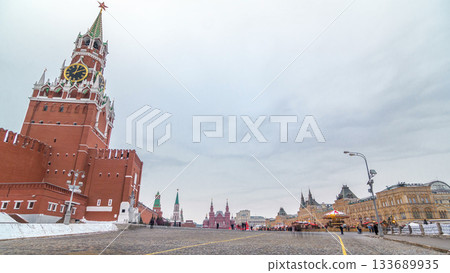 Russia, Moscow, Red Square timelapse. Spasskaya Tower and GUM Shopping Center on the back. Russia, Moscow, Red Square timelapse. Spasskaya Tower and GUM Shopping Center on the back. 133689935