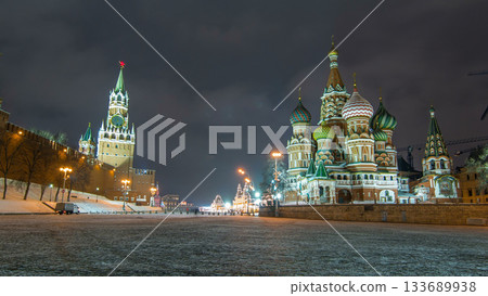 Moscow Kremlin timelapse hyperlapse with Spasskaya tower and Cathedral of St. Basil, Russia. Red Square in winter night Moscow Kremlin timelapse hyperlapse with Spasskaya tower and Cathedral of St. Basil, Russia. Red Square in winter night 133689938