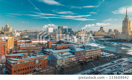 Top view on a winter city Moscow timelapse. Urban landscape with a frozen river Top view on a winter city Moscow timelapse. Urban landscape with a frozen river 133689942