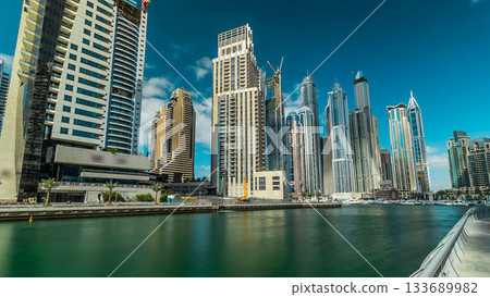 Dubai Marina towers and canal in Dubai timelapse hyperlapse Dubai Marina towers and canal in Dubai timelapse hyperlapse 133689982