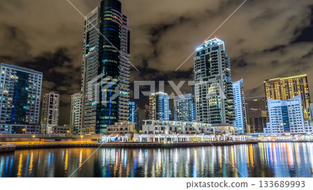 Dubai Marina towers and canal in Dubai night timelapse hyperlapse Dubai Marina towers and canal in Dubai night timelapse hyperlapse 133689993