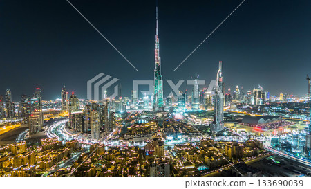 Dubai Downtown at night timelapse view from the top in Dubai, United Arab Emirates 133690039