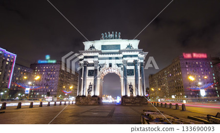 Triumphal arch in Moscow with Christmas illuminations at night timelapse hyperlapse Triumphal arch in Moscow with Christmas illuminations at night timelapse hyperlapse 133690093