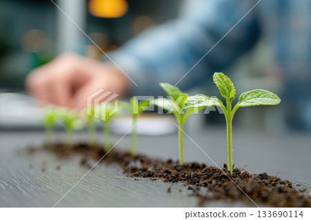 Green sprouts lined up on the desk of an office worker. ESG 133690114