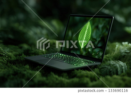 A modern laptop with a green leaf on its screen sits on lush moss. 133690116