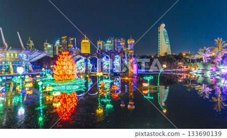 Dubai Glow Garden timelapse with illuminated trees and sculptures 133690139
