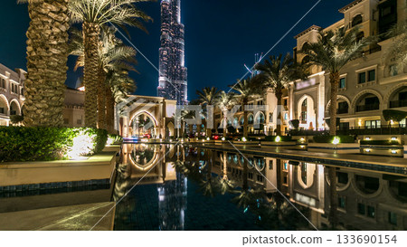 Entrance of Hotels, offices and Souk in downtown timelapse in Dubai, UAE 133690154