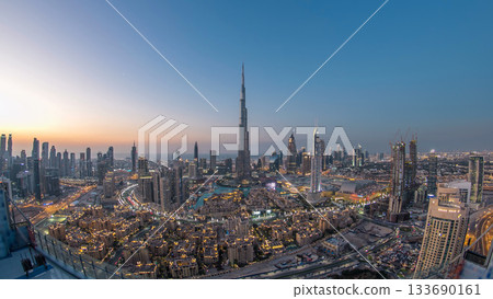 Dubai Downtown day to night timelapse view from the top in Dubai, United Arab Emirates 133690161