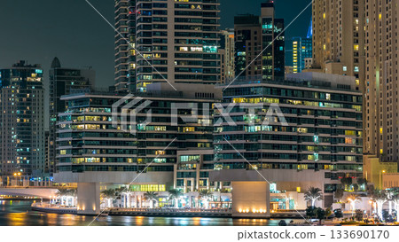 Promenade in Dubai Marina timelapse at night, UAE. 133690170