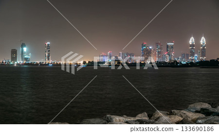 Dubai Internet City district panorama with towers timelapse. 133690186