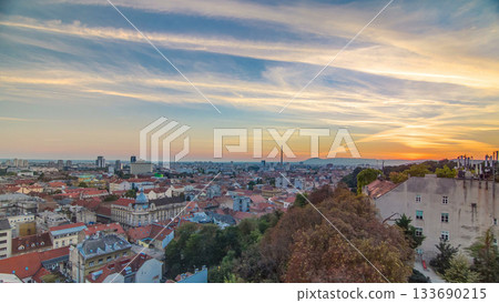Aerial view at Zagreb downtown timelapse, sunset time, Croatia capital city. Aerial view at Zagreb downtown timelapse, sunset time, Croatia capital city. 133690215