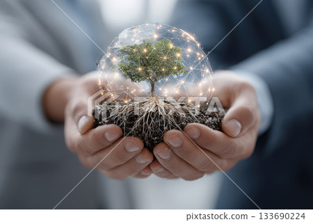 A group of people's hands in business suit holding a small tree together in modern office. 133690224