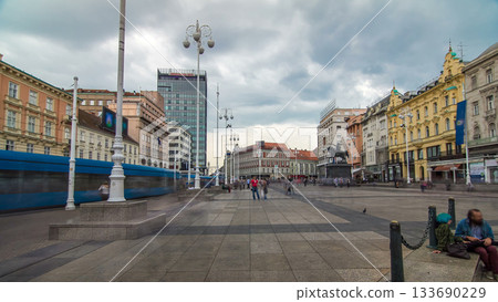 Central city square Trg bana Jelacica timelapse hyperlapse and Ban Jelacic monument in Zagreb, Croatia. 133690229