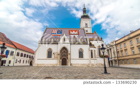 Church of St. Mark timelapse hyperlapse and parliament building Zagreb, Croatia. 133690230