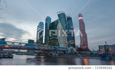 Skyscrapers International Business Center City day to night timelapse hyperlapse, Moscow, Russia 133690262