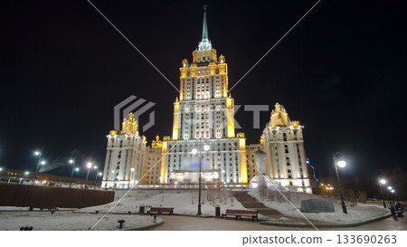 Hotel Ukraine winter night timelapse hyperlapse with bridge over Moscow River. 133690263