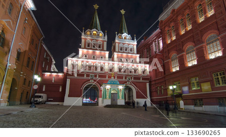 Tourists walk on Red Square near the branch of the Historical Museum and the zero kilometer in Moscow. timelapse hyperlapse 133690265