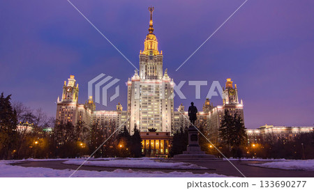 The Main Building Of Moscow State University On Sparrow Hills At Winter timelapse day to Night 133690277