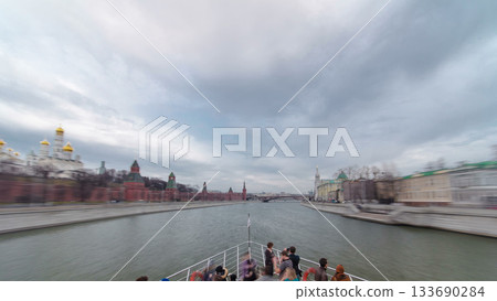 Moscow River. River cruise ships on the Moscow river winter timelapse hyperlapse 133690284