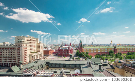 Panorama of Manezh Square, Hotel Moscow, historical Museum and Kremlin timelapse in Moscow, Russia. 133690308