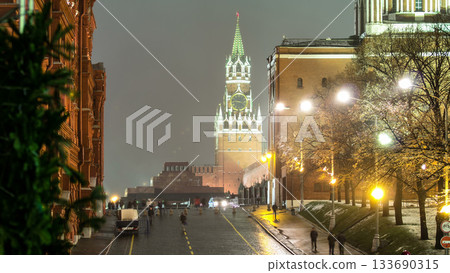 Moscow, Spasskaya tower of Kremlin at winter night. timelapse Moscow, Spasskaya tower of Kremlin at winter night. timelapse 133690315