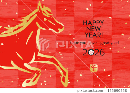 2026 New Year's card: Horse on Japanese paper checkered pattern 2026 New Year's card: Horse on Japanese paper checkered pattern 133690338