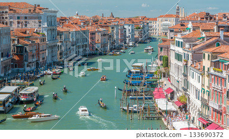 Top view on central busy canal in Venice timelapse, on both sides masterpieces of Venetian architecture Top view on central busy canal in Venice timelapse, on both sides masterpieces of Venetian architecture 133690372