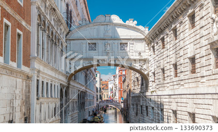 Gondolas floating on canal towards Bridge of Sighs timelapse. Venice, Italy Gondolas floating on canal towards Bridge of Sighs timelapse. Venice, Italy 133690373