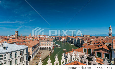 Top view on central busy canal in Venice timelapse, on both sides masterpieces of Venetian architecture Top view on central busy canal in Venice timelapse, on both sides masterpieces of Venetian architecture 133690374