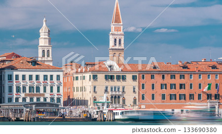 Slavyanskaya embankment timelapse with bridge and two towers on background 133690380