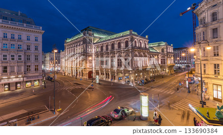 Beautiful view of Wiener Staatsoper aerial day to night timelapse in Vienna, Austria Beautiful view of Wiener Staatsoper aerial day to night timelapse in Vienna, Austria 133690384