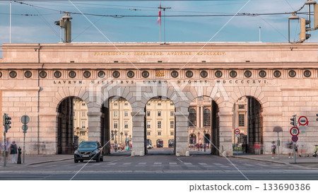 Exterior of outer castle gate from Ringstrasse timelapse in Vienna city in sunny day. Exterior of outer castle gate from Ringstrasse timelapse in Vienna city in sunny day. 133690386