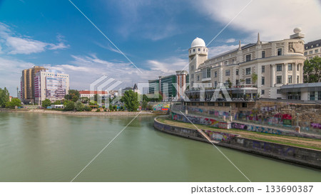 Urania and Danube Canal timelapse hyperlapse in Vienna. Urania and Danube Canal timelapse hyperlapse in Vienna. 133690387