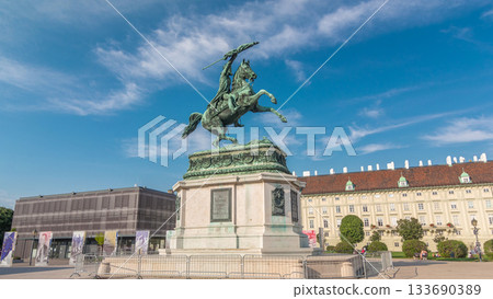 Statue rider Erzherzog Karl on horseback with flag in hand timelapse hyperlapse. Heldenplatz. Vienna Statue rider Erzherzog Karl on horseback with flag in hand timelapse hyperlapse. Heldenplatz. Vienna 133690389