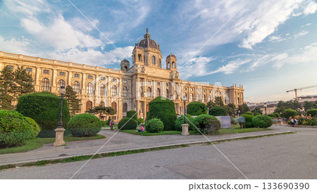 Beautiful view of famous Naturhistorisches Museum with park and sculpture timelapse hyperlapse in Vienna, Austria 133690390