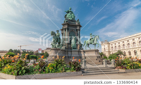Empress Maria Theresia Monument timelapse hyperlapse and Museums Quartier on a background in Vienna, Austria. Empress Maria Theresia Monument timelapse hyperlapse and Museums Quartier on a background in Vienna, Austria. 133690414