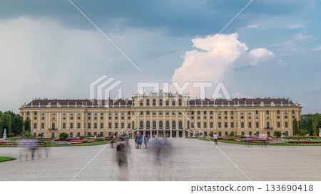 Beautiful view of famous Schonbrunn Palace timelapse hyperlapse with Great Parterre garden in Vienna, Austria Beautiful view of famous Schonbrunn Palace timelapse hyperlapse with Great Parterre garden in Vienna, Austria 133690418
