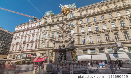 Memorial Plague column and tourists on Graben street Vienna timelapse hyperlapse. 133690429
