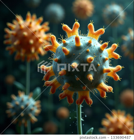 Vibrant microscopic view of viral structures in nature Generative AI Vibrant microscopic view of viral structures in nature Generative AI 133690487