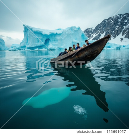 Exploring serene waters with friends near icy landscapes Generative AI 133691057