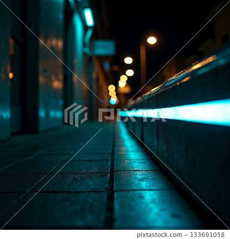 Night stroll along a glowing urban sidewalk by blue lights Generative AI Night stroll along a glowing urban sidewalk by blue lights Generative AI 133691058