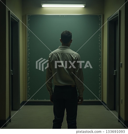 Man stands in hallway facing blank chalkboard in dim light Generative AI 133691093
