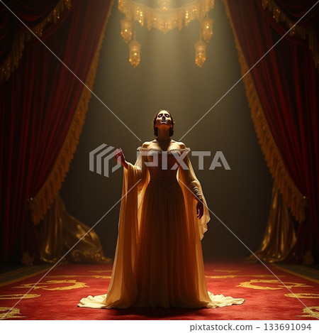 Elegant woman in a golden gown performing on stage Generative AI 133691094
