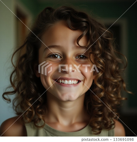 Joyful child smiles brightly with curly hair indoors Generative AI 133691098