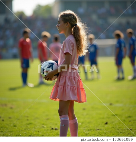 Girl in pink dress holds soccer ball at youth match Generative AI 133691099