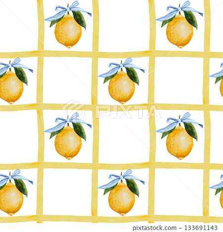 Lemon watercolor seamless pattern. Hand drawn tropical sour fruit with bow. Clip art of juicy yellow lime. Citrus on isolated white background. Ideal for logo and packaging of natural cosmetics 133691143